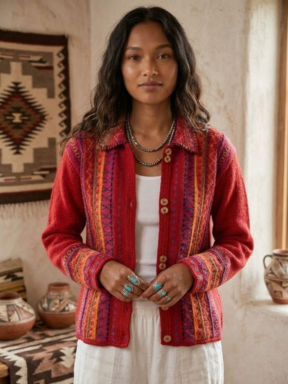 Newari hand knit red wool cardigan sweater Icelandic Design